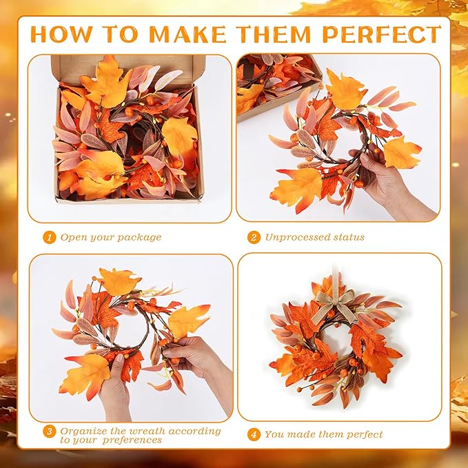 4 PCS Mini Fall Wreaths for Kitchen Cabinet 9 Inch Fall Maple Leaf Wreath for Front Door Small Autumn Hanging Wreath Thanksgiving Candle Ring for Farmhouse Home Porch Wall Window Table Decoration