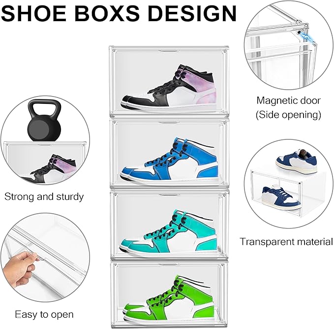 Clear Shoe Boxes Plastic Stackable ‌Shoe Cabinet‌ with Acrylic Magnetic Lids Drop Side Sneaker Display Case for Closet, Entryway, Fits Men's Shoes up to Size 12.5 (14.17''x10.62''x8.07'')