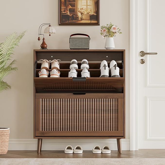 Shoe Cabinet for Entryway with 2 Flip Drawers, Slim Wooden Shoe Storage Organizer with Modern Fluted Pannel，Freestanding Narrow Hidden Shoe Rack for Hallway, Foyer, Living Room