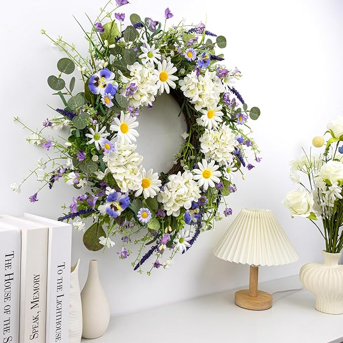 22 Inches Summer Wreaths for Front Door Spring Flower Wreath Farmhouse Spring Floral Wreaths Country Summer Door Wreath with Phalaenopsis Orchid Hydrangea Sunflower for Window Wall Porch Decoration
