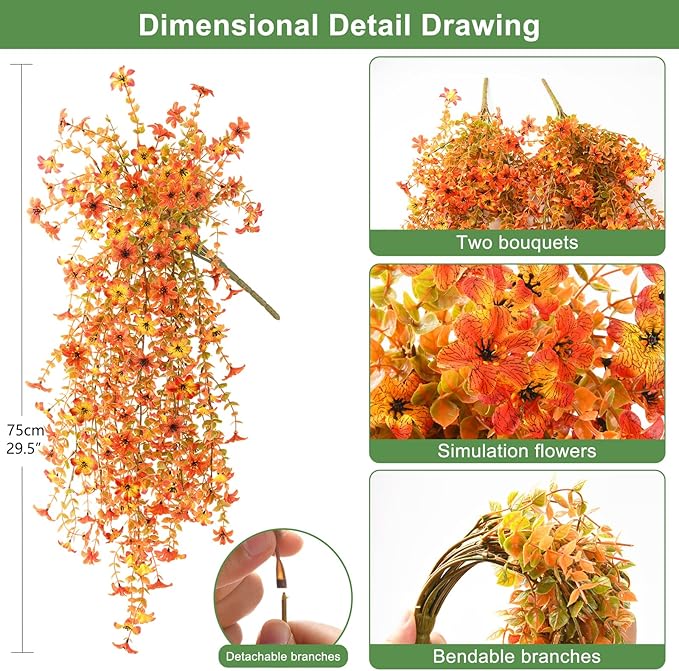 Artificial Fall Flowers for Decoration Fake Hanging Flowers Outdoors Fall Decor,2PCS Faux Mums Silk Flower UV Resistant No Fade for Autumn Outdoor Home Planter Porch Patio Yard Garden(Orange Golden)