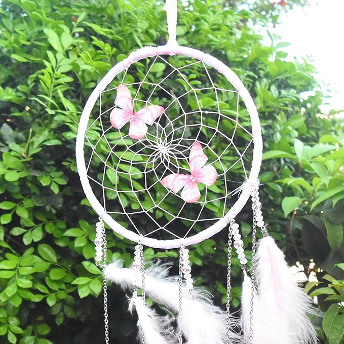 Pink Butterflies Dream Catcher Handmade Colorful Feather Dream Catchers Wall Decoration for Girls Kids ，Beautiful Wall Art. Great Decoration for Bedroom,Baby Tent,Sitting Room,Balcony,Party.