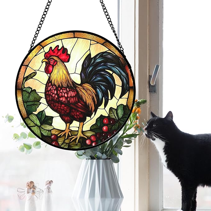 Stained Glass Window Hanging, Colorful Big Cock Sun Catcher for Window Door Home Decor, Chicken Suncatcher Christmas Mother's Day Birthday Gifts for Women Men Mom and Nana 15 in