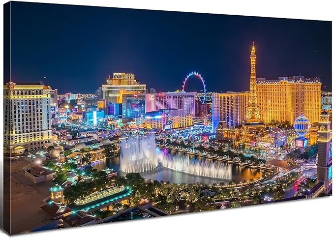 Las Vegas Skyline Wall Art American Cityscape Wall Decor City Night View Canvas Prints Picture Bellagio Fountain Skyscraper Painting Modern Artwork for Bedroom Living Room Home Decoration 20x40”