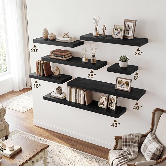 RICHFOCUS 28Inch Floating Shelves for Wall 2 Pack Shelves for Bedroom|Kitchen|Bathroom|Laundry Room Rustic Wood Wall Mounted Shelf with Invisible Brackets for Books|Storage|Decor, Black