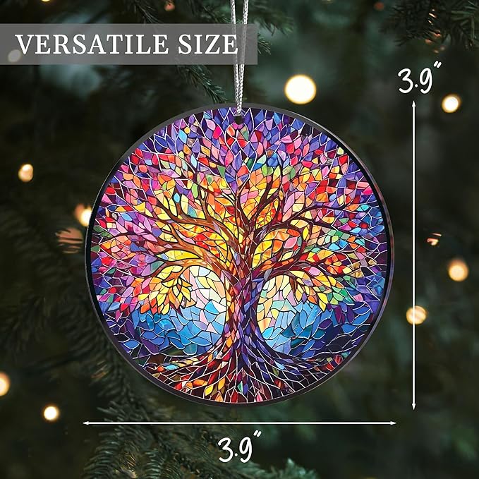 2025 Christmas Ornaments, Christmas Tree Ornaments Acrylic, Faux Stained Glass Effect White Elephant Gifts Exchange, Unique Suncatcher Xmas Stocking Stuffers for Women, Men (Tree of Life)
