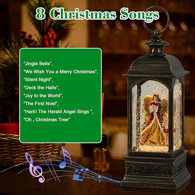 Wondise Lighted Angel Christmas Snow Globes Musical Lantern with Timer, USB Powered & Battery Operated Swirling Glitter Water Globes Christmas Decoration Lantern (3.7 x 3.7X 11.4 inch)