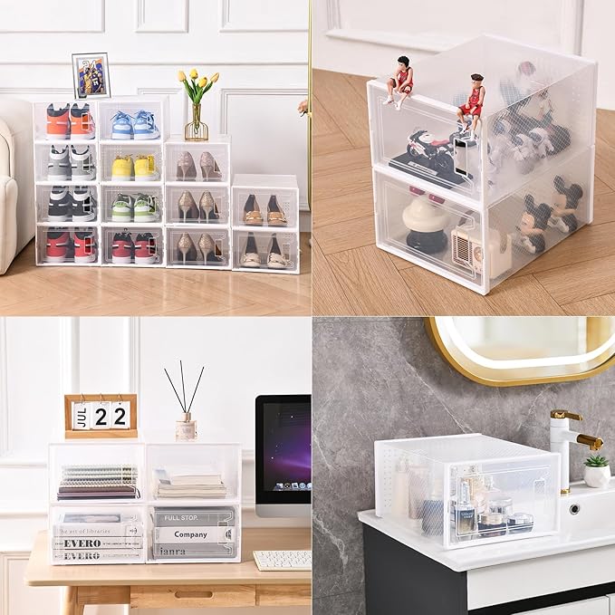 X-Large Plastic Clear Shoe Storage Boxes Stackable 12 Pack Fit Size 11, Shoe Rack & Holder Substitute, Sneaker Containers, Toy Storage Organizer for Entryway, Closet, Under Bed (White)