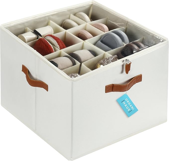 OrganiHaus Large Shoe Storage Bin for Closet, Shoe Organizer Box Fits up to 16 Pairs, Collapsible Fabric Shoe Basket w/Clear Cover, Adjustable Dividers & Reinforced Handles, Off-White