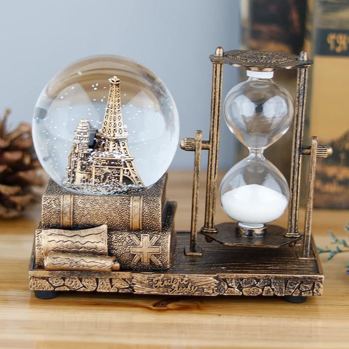LED MusicCrystal Snow Globe， Sand Timer ，Hourglass,Home Decor,Table Decor for Living Room ，Office Desk Decorations[Brass Tower ]