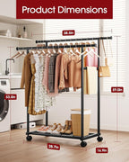 Metal Clothes Rack - Double Rod Clothing Rack with Fixed Design and Rolling Wheels, Coat Rack with Built-In Shelf for Closet Organizers and Storage (38.5" x 16.9" x 59.0", Black)