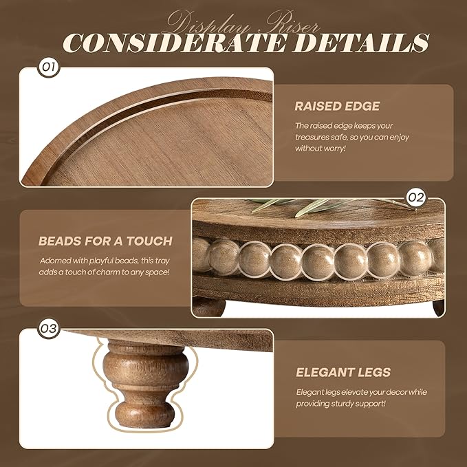 EOSAHR Pine Round Wood Riser for Room Decor – Retro Beaded Pedestal Tray for Plant Stand, Perfume Organizer, Cake Stand – Farmhouse Boho Bathroom & Kitchen Counter Accent(Brown)