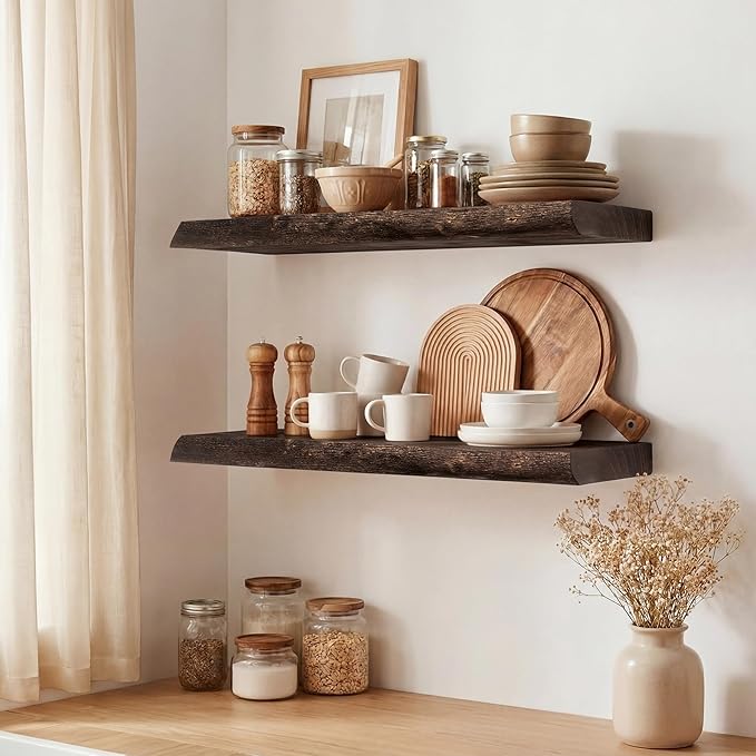 Marsmiles 16 inch Floating Shelves for Wall Elm Wood Live Edge Shelves|Rustic Wall Shelves with Invisible Heavy-Duty Bracket for Bathroom Living Room Kitchen|Walnut, 2 Pack