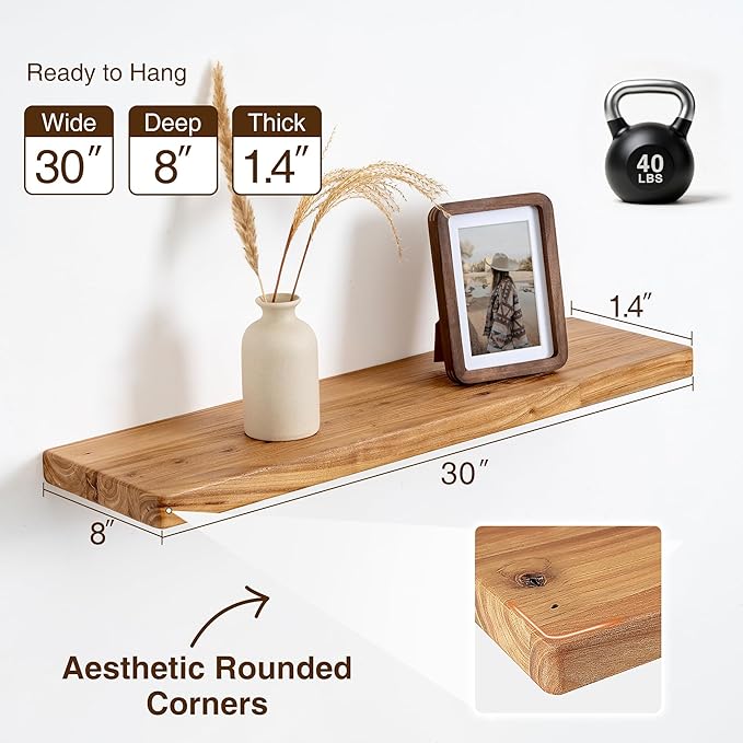 Floating Shelves 30" W x 8" D, Solid Elm Wood Shelves for Wall, 8 Inch Deep - Rustic Wooden Bathroom Shelves 30" Long, for Living Room, Kitchen, Office, Entryway, Set of 2, Heavy-Duty Bookshelf