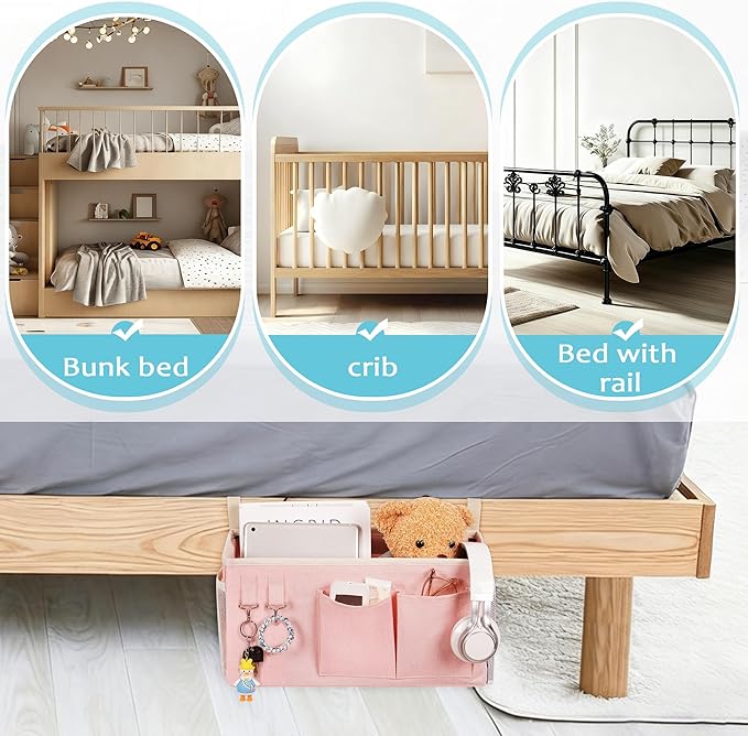 Loghot Bedside Caddy/Bedside Storage Bag Hanging Organizer for Bunk and Hospital Beds,Dorm Rooms Bed Rails,Can be Placed Glasses,Books,Mobile Phones,Keys (Light Pink)