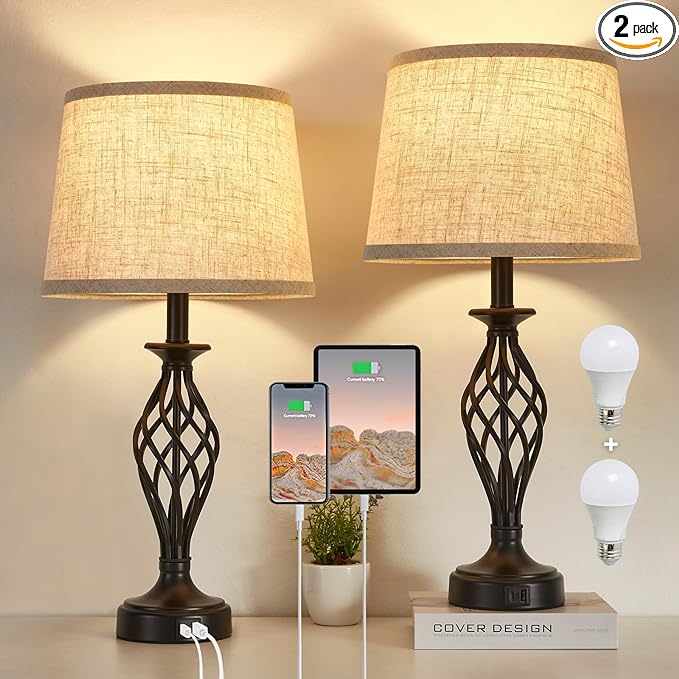 Table Lamp for Bedroom Set of 2 with USB C+A Ports, Modern Bedside Lamps with Spiral Cage Base, Fabric Shade, Nightstand Lamp for Living Room Reading Bed Side End Table, 2 LED Bulbs Included Black