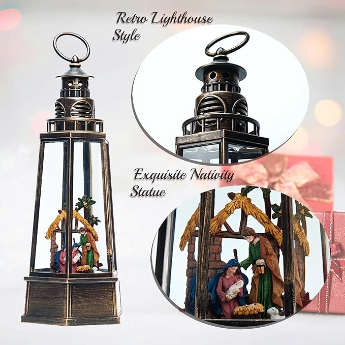 13.5'' Christmas Nativity Snow Globe, Retro Lighthouse Style Musical Lighted Water Lantern, Decoration with Swirling Glitter, USB Powered and Battery Operated, Xmas Home Décor Gift