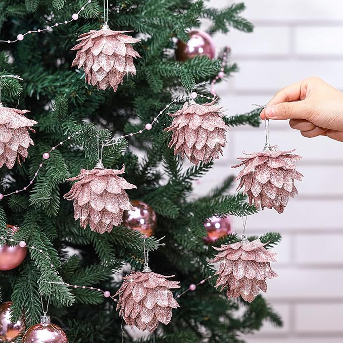 Jetec 8 Pieces Christmas Ornaments Glitter Christmas Tree Hanging Decoration Decorative Artificial Pine Cones Flowers Hanging Ornaments for Winter Wreath Holiday Decor(Rose Gold)