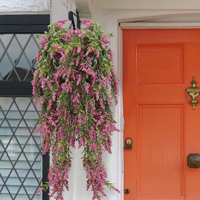 2 Pcs Artificial Lavender Teardrop Rattan, Spring Summer Front Door Hanging Floral Swags for Wall Basket Filler, Garden Home Easter Decoration-28.7in(Rose Red)