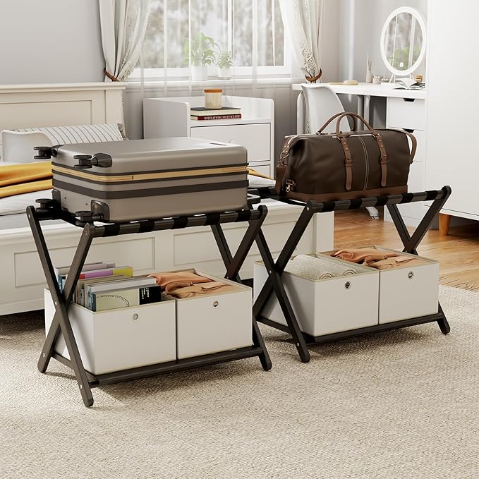 2 Pack Fully Assembled Black Luggage Racks with 4 Storage Boxes, Bamboo 26.77" Foldable Suitcase Stand for Guest Room with 5 Nylon Straps, Luggage Rack Holder with Shelf for Bedroom Hotel