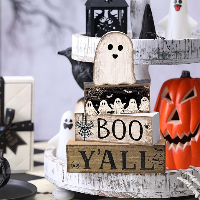 Lineshading 4 Pcs Halloween Table Decoration Wooden Ghost Tiered Tray Decoration Rustic Wood Ghost Block Signs Gift Halloween Centerpiece Farmhouse for Home Tabletop Kitchen Shelf