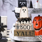 Lineshading 4 Pcs Halloween Table Decoration Wooden Ghost Tiered Tray Decoration Rustic Wood Ghost Block Signs Gift Halloween Centerpiece Farmhouse for Home Tabletop Kitchen Shelf