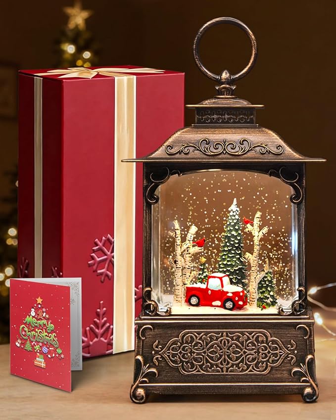 Christmas Snow Globes Light up Snowglobes Christmas Lantern with 8 Songs, 10.43" Christmas Snow Globes for kids adults, 6H Timer & Dual Power, Lighted Christmas Decorations Indoor, Gifts for Women Men