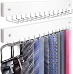 2Pack Tie Rack Wall Mounted, Wooden Tie Hanger Tie Organizer for Men with 28 Folding Hooks, Space Saving Tie Holder and Belt Rack for Closet, White