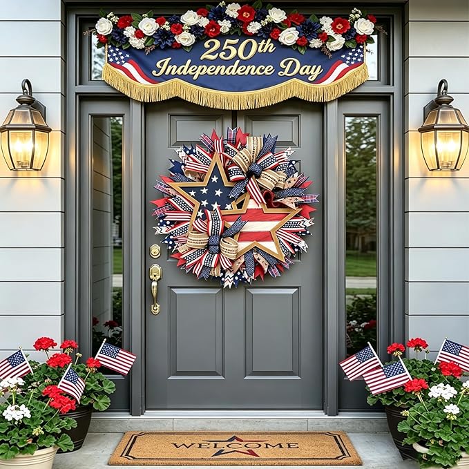 250th Anniversary Patriotic Wreath, 1776-2026 American Independence Day Wreath,16 in Red White Blue Front Door Wreath, Indoor Outdoor Home Decor for 4th of July, Memorial Day, Veterans Day (P)