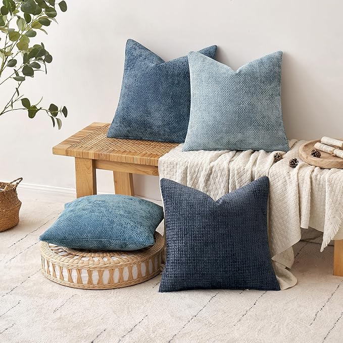 MIULEE Pack of 4 Couch Throw Pillow Covers 22x22 Inch Neutral Blue Soft Decorative Chenille Pillow Covers Farmhouse Accent Cushion Covers for Boho Western Spring Coastal Decor Sofa Bed Living Room