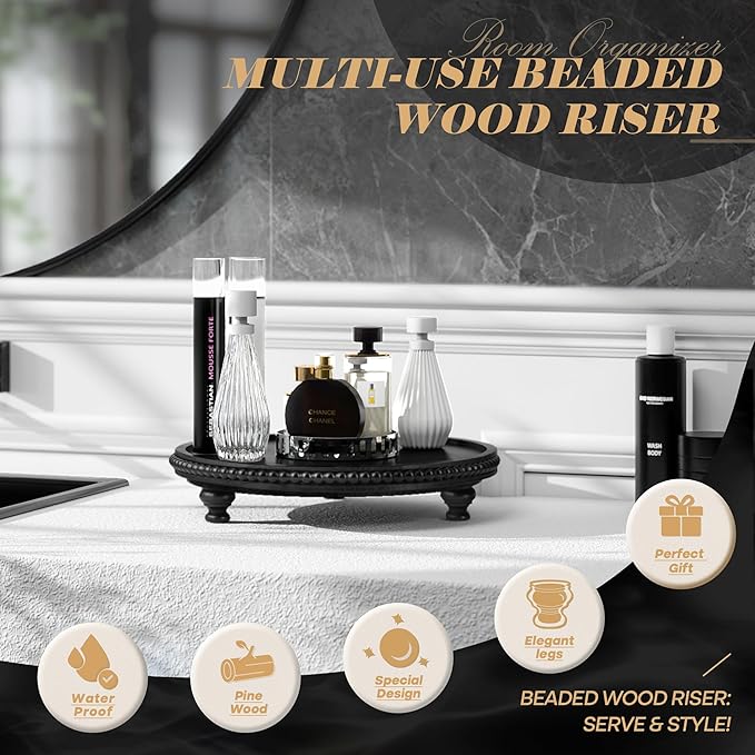 EOSAHR Rustic Round Pine Wooden Display Riser - Farmhouse Wood Riser with Beaded Edge for Plant Stand - Best Boho Chic Decor for Coffee Table , Pedestal Stand Soap Dispenser & Room Decor(Black)