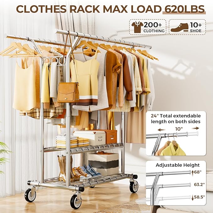 Heavy Duty Clothes Rack, Rolling Clothing Rack With Shelves Load 620 LBS, Double Rod Clothing Racks for Hanging Clothes, Portable& Adjustable Clothes Rack with Wheels Garment Rack
