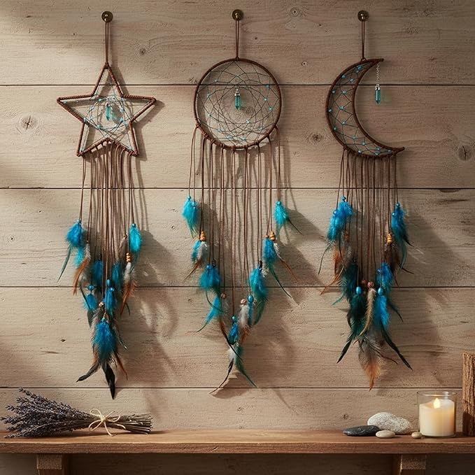 Jetec 3 Pcs Dream Catcher Moon Sun Star Design Handmade Traditional Craft Ornament Wall Hanging Home Decoration Bedroom Wedding Halloween Christmas Decorations(Dark Blue)
