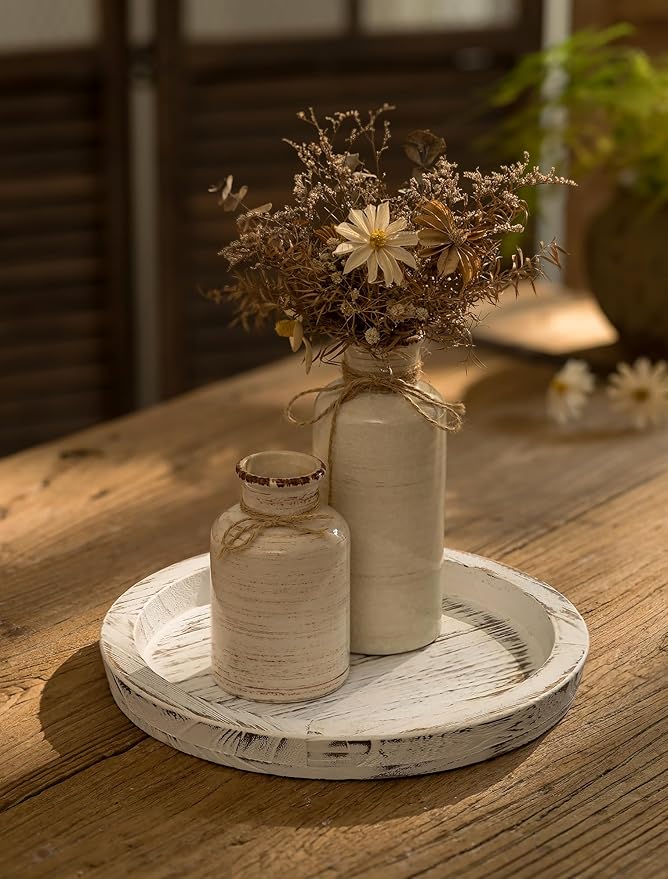 Hanobe Candle Plate Holder Tray: Round White Wood Decorative Tray Decor - Rustic Farmhouse CoffeeTable Decor - Tealight Pillar Trays for Home Decor