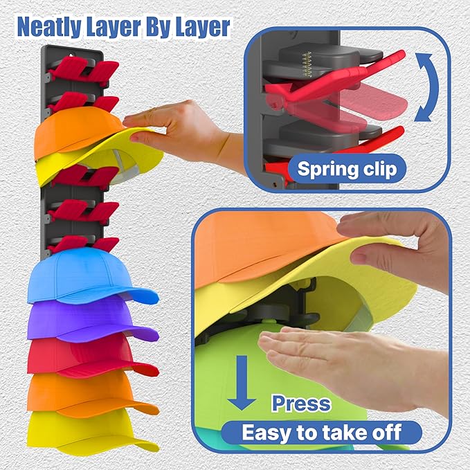 Hat Organizer for Baseball Caps 2 Packs with Built Spring Clips - Wall Mount Closet Hat Rack Holder, Storage for Wall Door/Closet Display Hat Racks Hanger (Install by Adhesive & Screws)