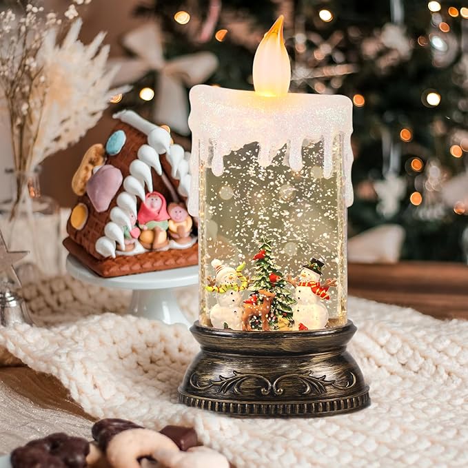 Eldnacele Christmas Music Snow Globe Lantern with Timer Battery Operated & USB Powered Lighted Snowman Deer Singing Snow Globe Candle Lamp Spinning Water Glitters Indoor Christmas Decorations