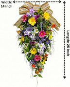 25 Inch Lighted Spring Summer Teardrop Swag with Timer Daisies Wildflower Burlap Bow Farmhouse Floral Decor for Front Door Wall