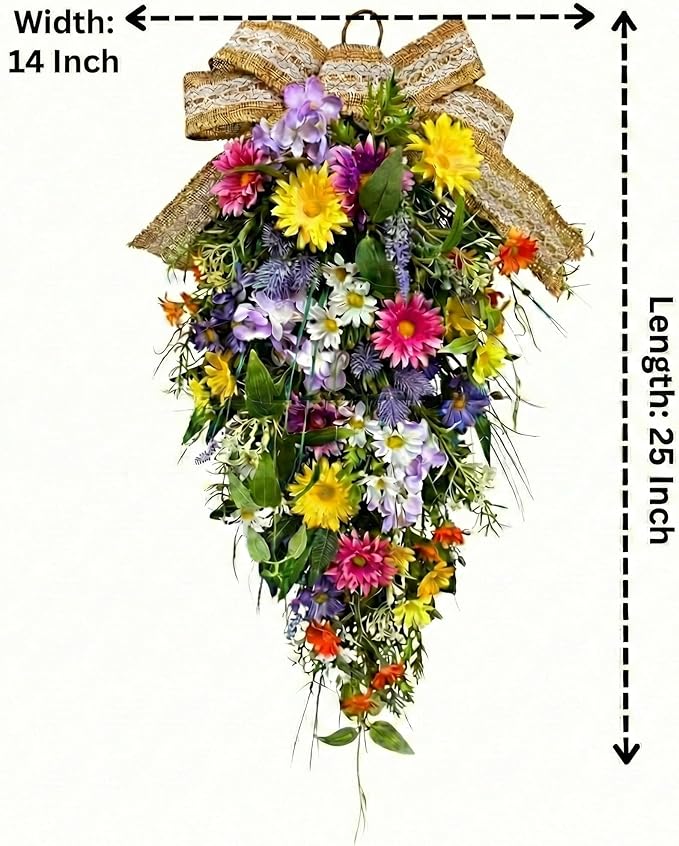 25 Inch Lighted Spring Summer Teardrop Swag with Timer Daisies Wildflower Burlap Bow Farmhouse Floral Decor for Front Door Wall