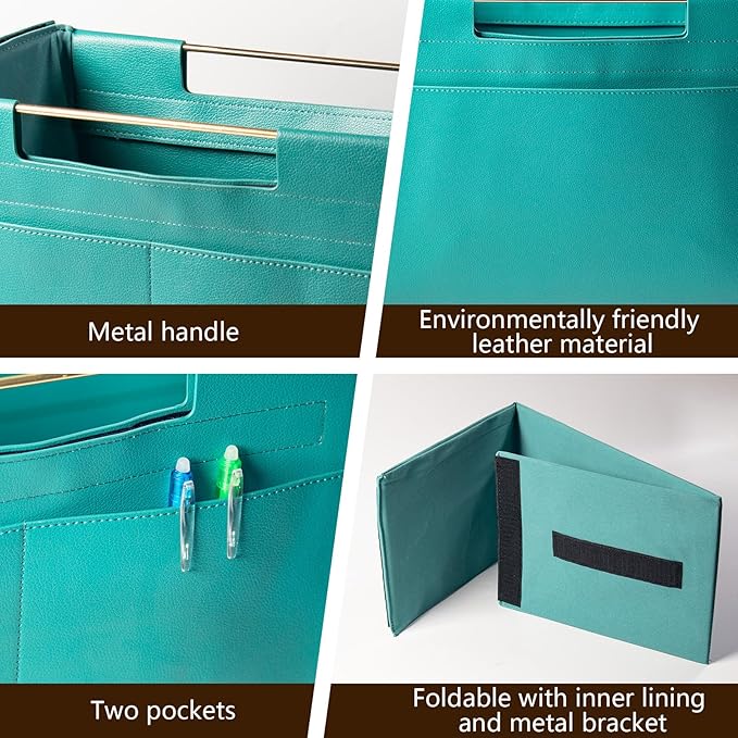Leather Magazine Holder Foldable with Handles，Stable Magazine Rack Floor，Magazine Basket File Holder Storage，Document File Folder Organizer Free Standing for Office Living Room (green)