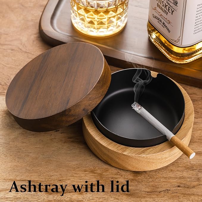 Cute Ashtrays for Cigarettes Ash Tray with Lid DDAJJAJ Wooden Ashtray with Stainless Steel Portable Decorative Ashtray Windproof Ashtray for Home,Patio,Office,Outdoors,Indoor,Parties