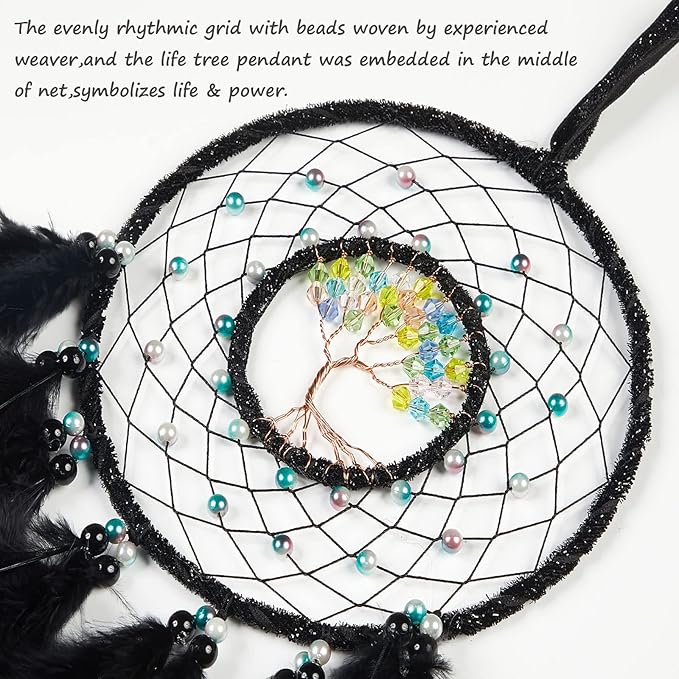Dreamlike Black Tree of Life Dream Catcher Wall Decor with Healing Crystal Stone Handmade Feather Dream Catchers Decoration Wall Hanging for Girls Bedroom Living Room Wedding Party Home Décor