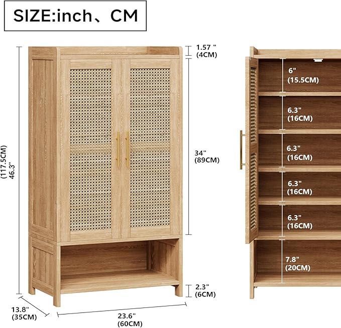 Narrow Shoe Cabinet with 2 Doors, 6-Tier Rattan Tall Shoe Storage Cabinet with 2 Adjustable Shelves & Wooden Legs, 46.3"H Slim Shoes Rack Organizer Cabinet for Entryway, Hallway, Natural Oak
