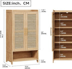 Narrow Shoe Cabinet with 2 Doors, 6-Tier Rattan Tall Shoe Storage Cabinet with 2 Adjustable Shelves & Wooden Legs, 46.3"H Slim Shoes Rack Organizer Cabinet for Entryway, Hallway, Natural Oak