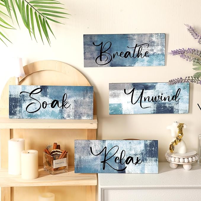 Maitys 4 Pcs Bathroom Wall Decor 10 x 4 Inch Bathroom Wall Art Contemporary Wood Restroom Pictures for Soak Unwind Relax Hanging Sign Spa Rustic Vintage Farmhouse Pediments(Blue, White)