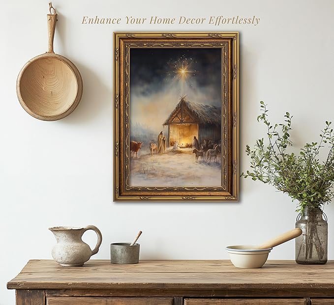 Vintage Nativity Scene Gold Framed Wall Art Birth of Jesus Christmas Christian Painting Canvas Prints Mary Joseph Holy Family Picture Star of Bethlehem Poster Artwork for Church Prayer Room, 9x11in