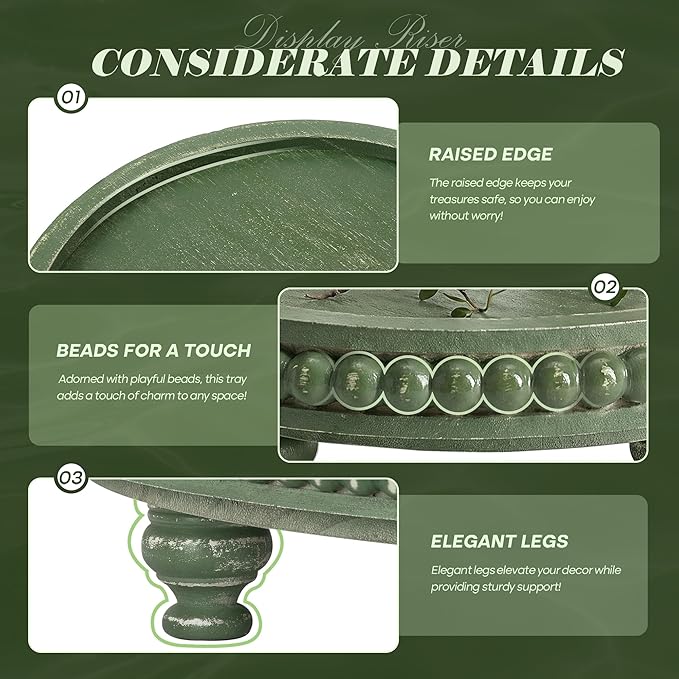 EOSAHR Round Pine Wooden Riser for Home Decor - Beaded Decorative Tray for Coffee Table - Wood Riser for Small Plant Stand & Sink Sponge Holder, Perfume Display Stand (Green)