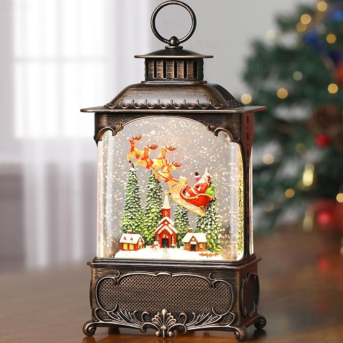 Christmas Snow Globes Village Snow Globe Lantern, Lighted Christmas Decorations Indoor for Home with Music Timer Glitter, Santa Claus Church Scene Festival Gifts, USB & Battery Operated
