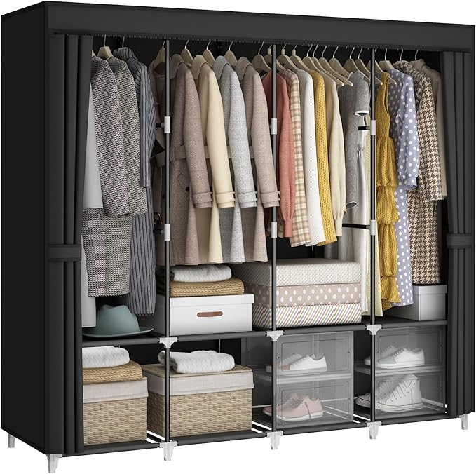 Portable Closet Wardrobe, 67-Inch Clothes Organizer with 4 Hanging Rods and 8 Shelves, Non-Woven Fabric Cover, Large Capacity Storage for Bedroom and Living Room, Black