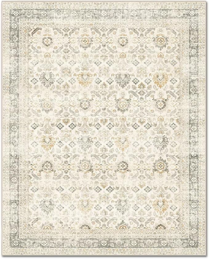 Washable 8x10 Area Rugs for Living Room, Boho Non-Slip Vintage Distress Large Rugs for Bedroom Dining Room Nursery Office, 0.3" Neutral Oriental Throw Thin Carpet, Grey/Beige/Orange/Multi