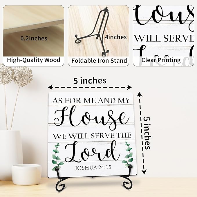 As For Me And My House We Will Serve The Lord Wooden Sign - 5" Christian Wooden Plaque With Metal Support - Rustic Tabletop Home, Office Room Decor - Gifts For Family & Friends - A04